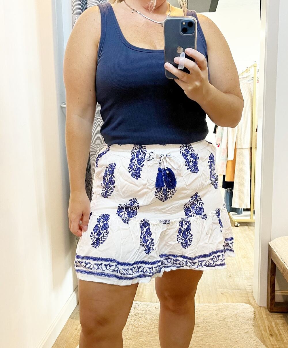 Devi Floral Print Pull On Drawstring Waist Mini Skirt White Blue Large